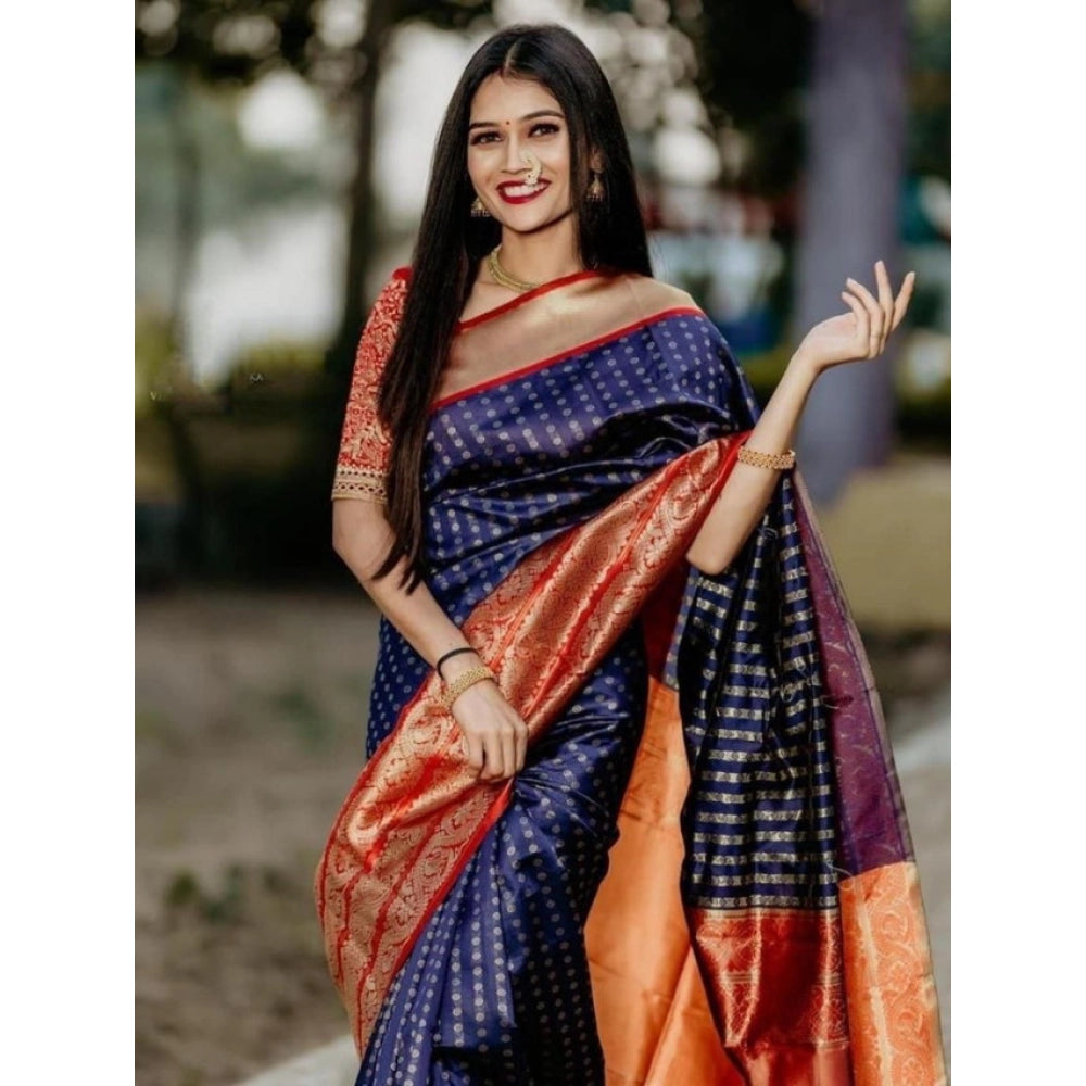 Generic Women's Litchi silk Printed Saree With Unstitched Blouse (Blue) Secondary image