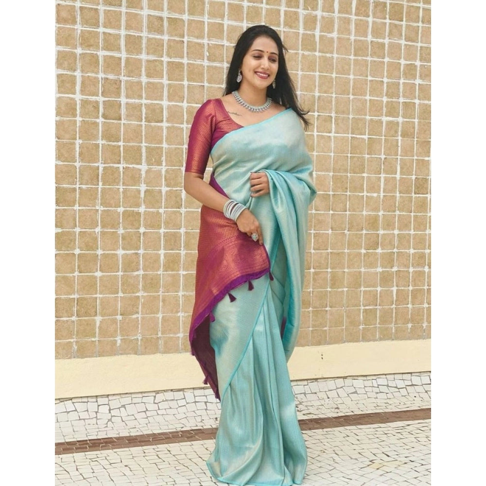 Generic Women's Litchi silk Printed Saree With Unstitched Blouse (Blue) Main image