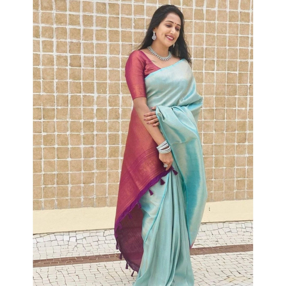 Generic Women's Litchi silk Printed Saree With Unstitched Blouse (Blue) Secondary image