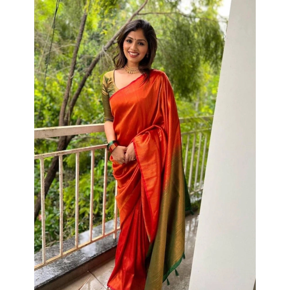 Generic Women's Litchi silk Printed Saree With Unstitched Blouse (Red) Main image