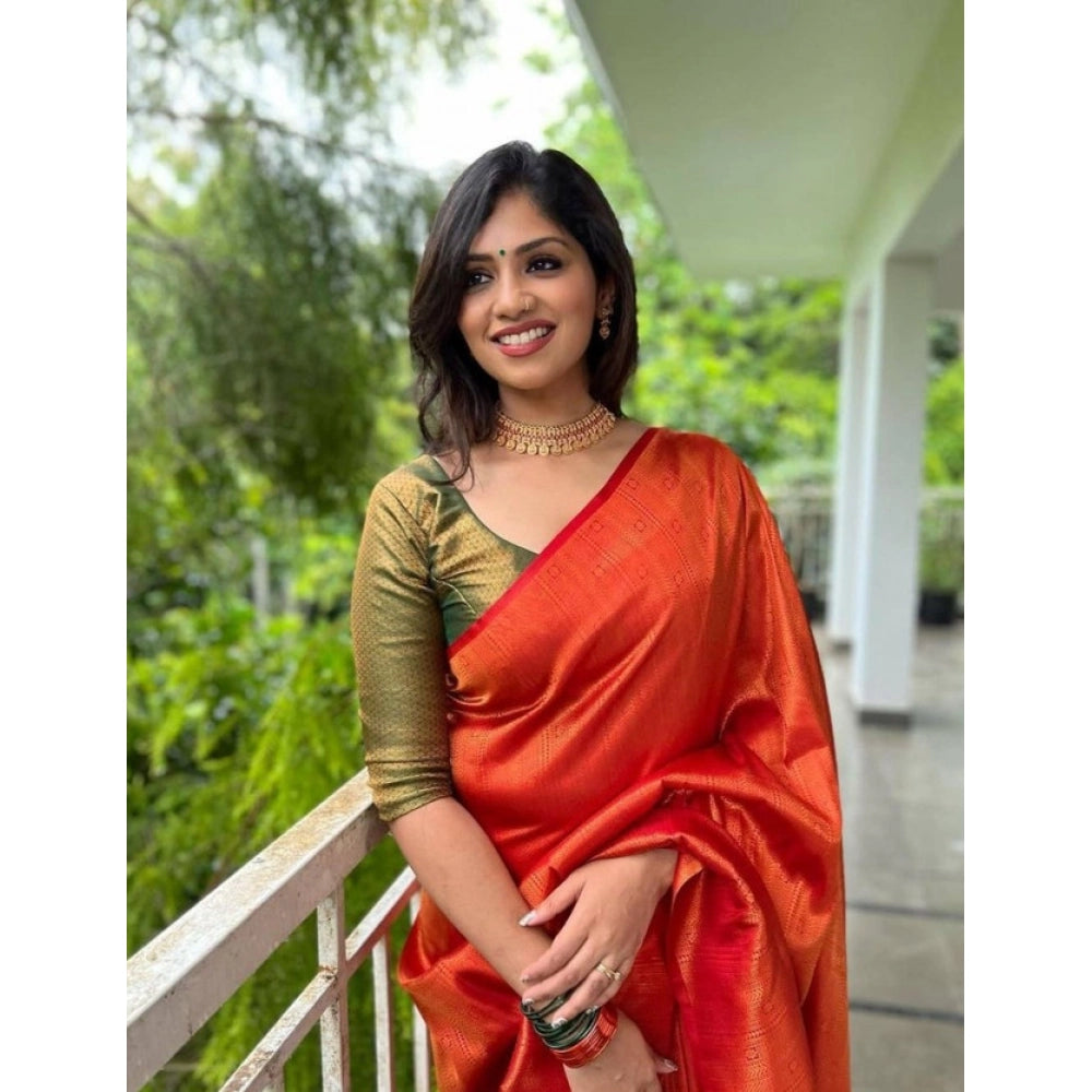 Generic Women's Litchi silk Printed Saree With Unstitched Blouse (Red) Secondary image