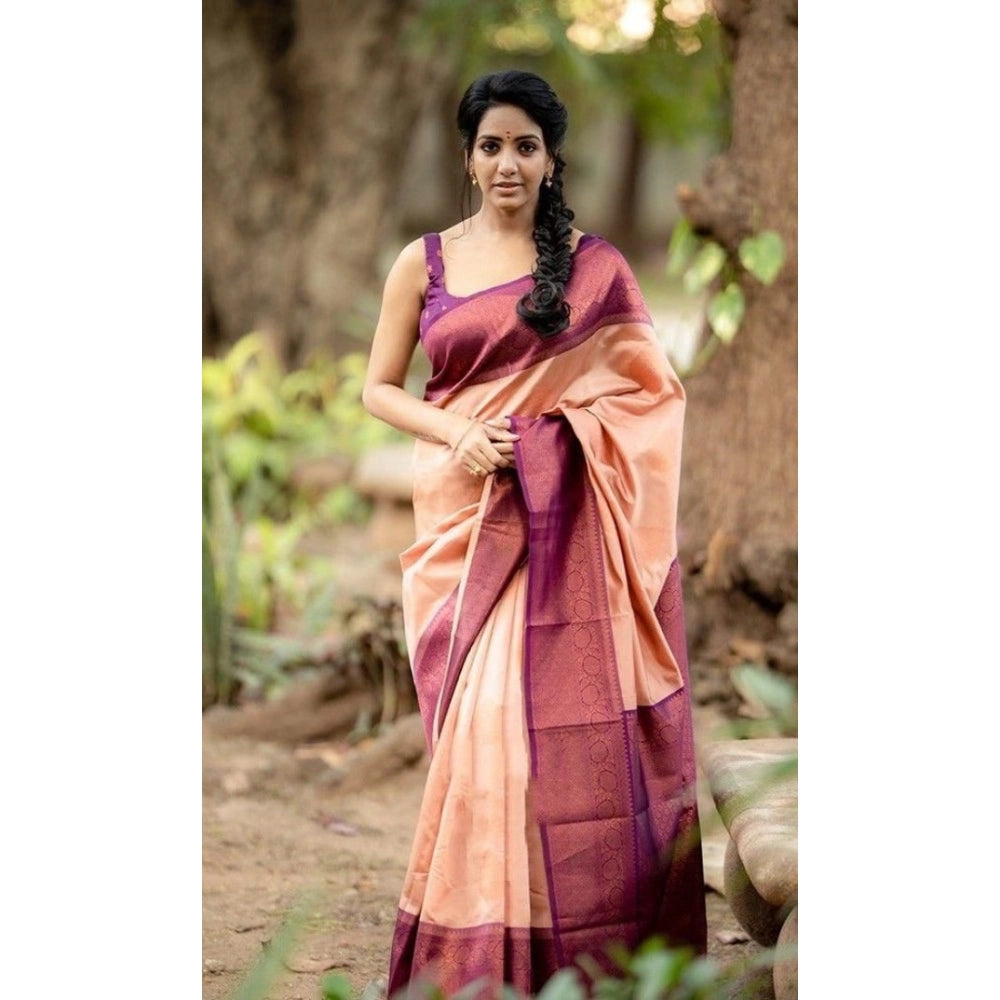 Generic Women's Litchi silk Printed Saree With Unstitched Blouse (Beige) Main image