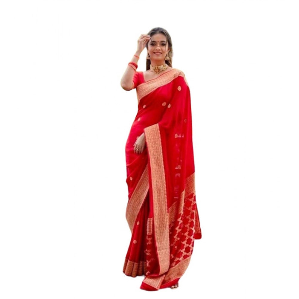 Generic Women's Litchi silk Printed Saree With Unstitched Blouse (Red) Main image