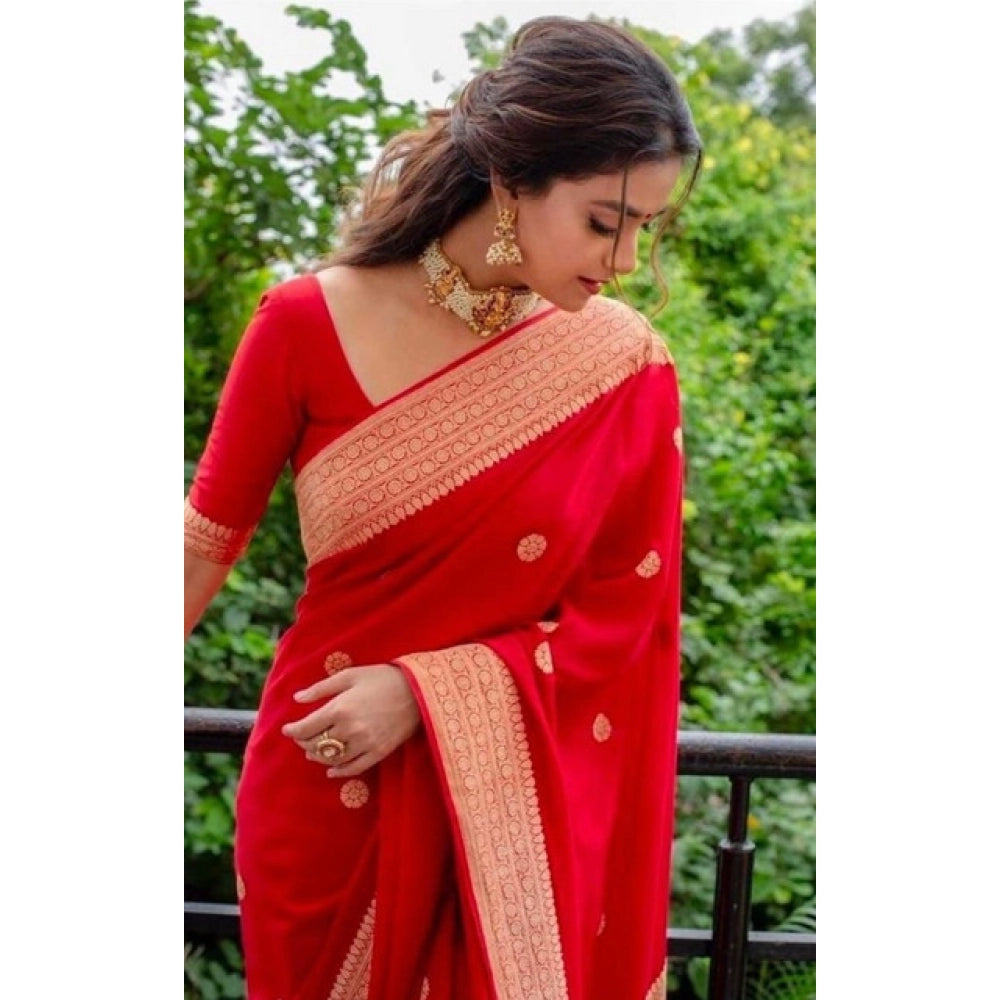 Generic Women's Litchi silk Printed Saree With Unstitched Blouse (Red) Secondary image