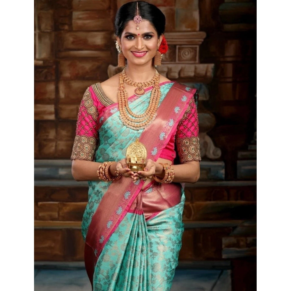 Generic Women's Litchi silk Printed Saree With Unstitched Blouse (Turquise Blue) Main image