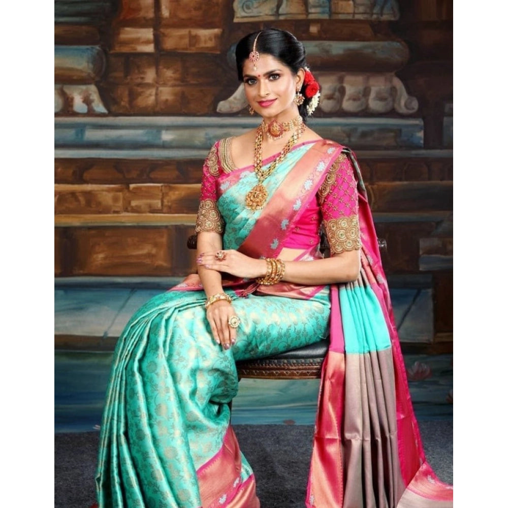 Generic Women's Litchi silk Printed Saree With Unstitched Blouse (Turquise Blue) Secondary image