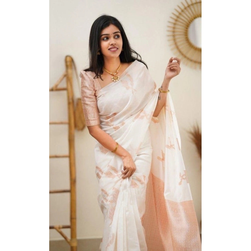 Generic Women's Litchi silk Printed Saree With Unstitched Blouse (White)