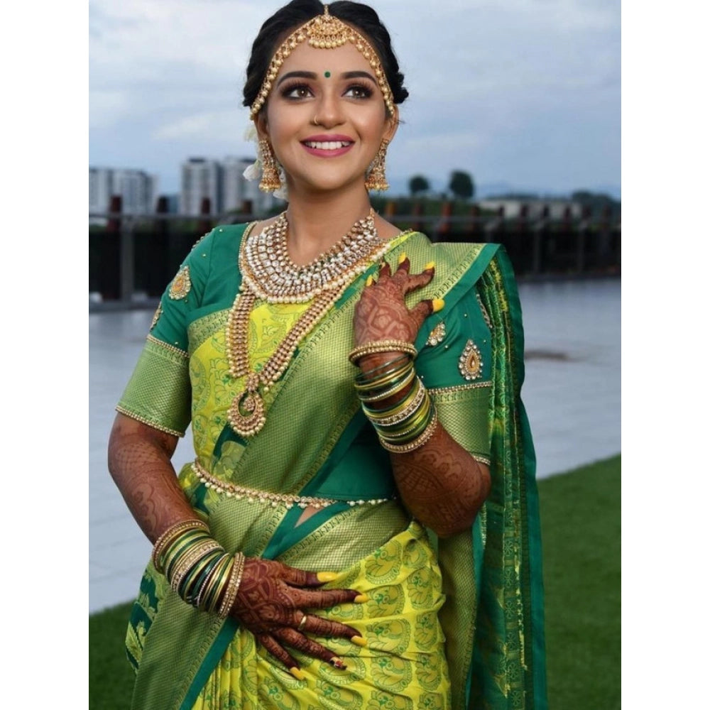 Generic Women's Litchi silk Printed Saree With Unstitched Blouse (Light Green) Secondary image