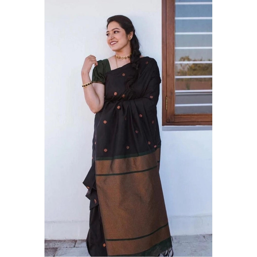 Generic Women's Litchi silk Printed Saree With Unstitched Blouse (Black) Main image