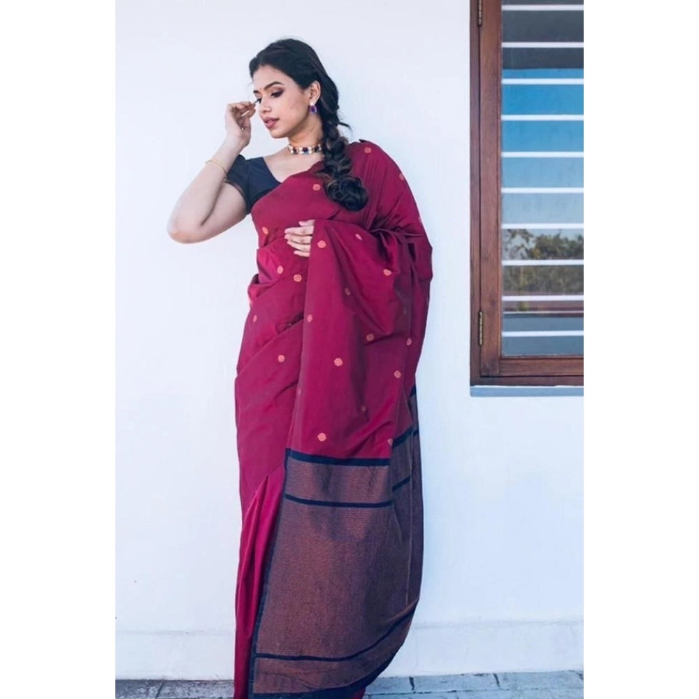 Generic Women's Litchi silk Printed Saree With Unstitched Blouse (Red) Secondary image