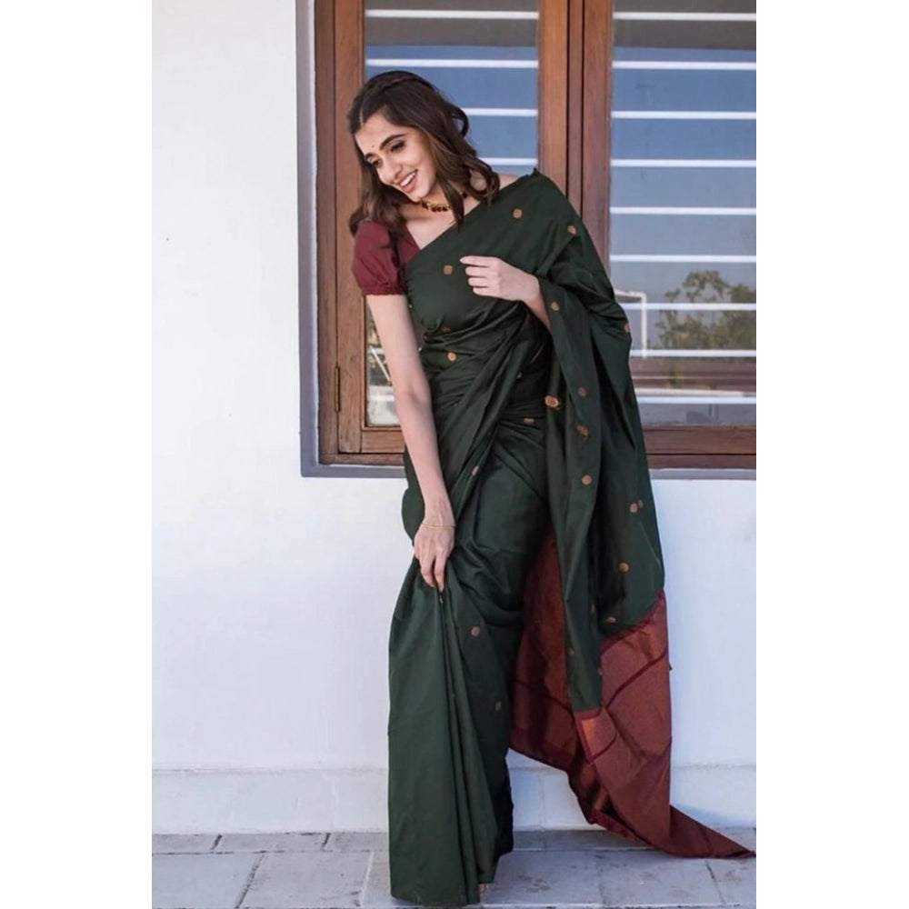 Generic Women's Litchi silk Printed Saree With Unstitched Blouse (Dark Green) Main image