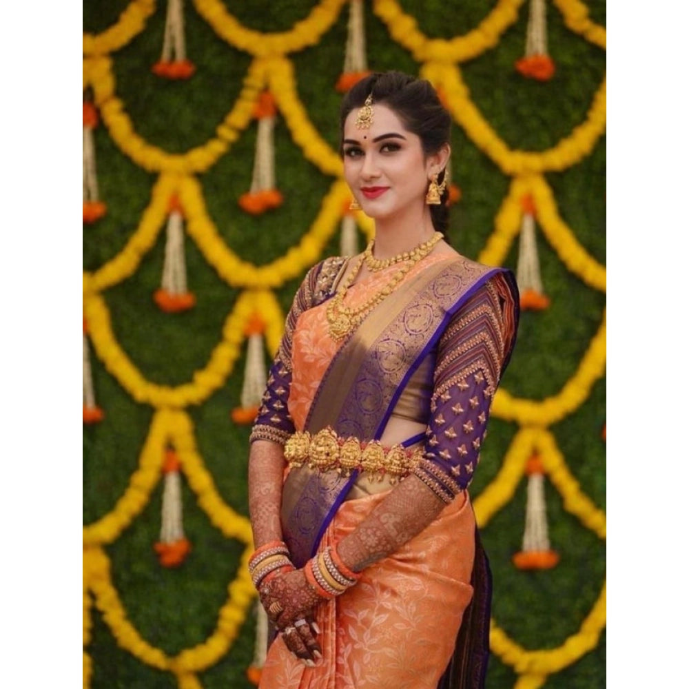 Generic Women's Litchi silk Printed Saree With Unstitched Blouse (Orange) Main image
