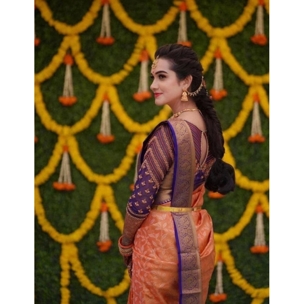Generic Women's Litchi silk Printed Saree With Unstitched Blouse (Orange) Secondary image