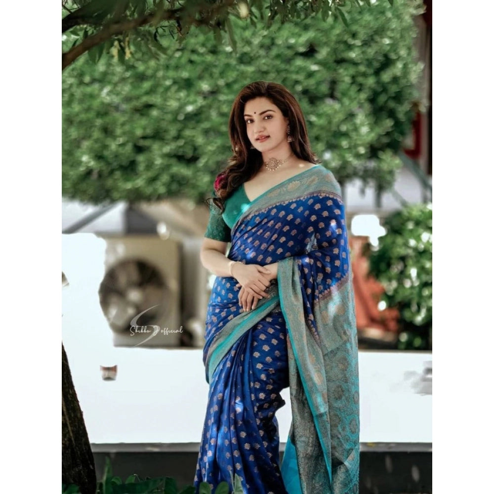 Generic Women's Litchi silk Printed Saree With Unstitched Blouse (Navy Blue) Main image