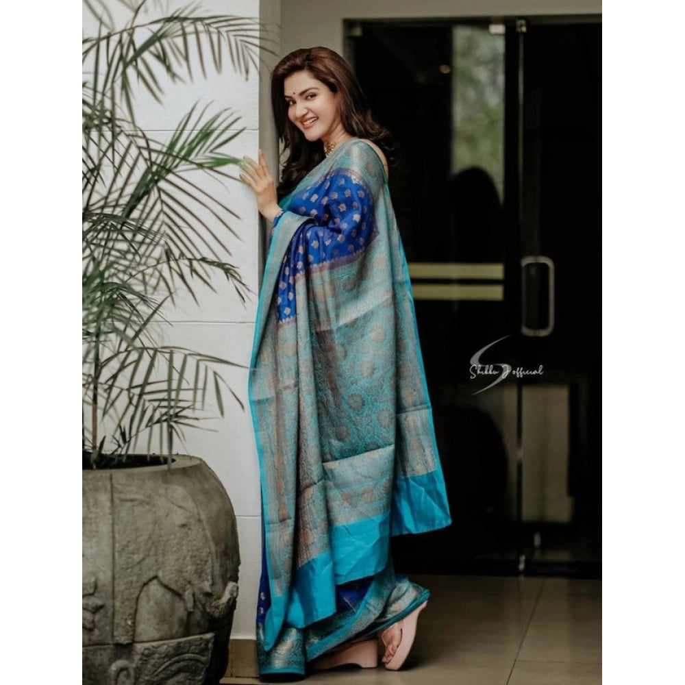 Generic Women's Litchi silk Printed Saree With Unstitched Blouse (Navy Blue) Secondary image