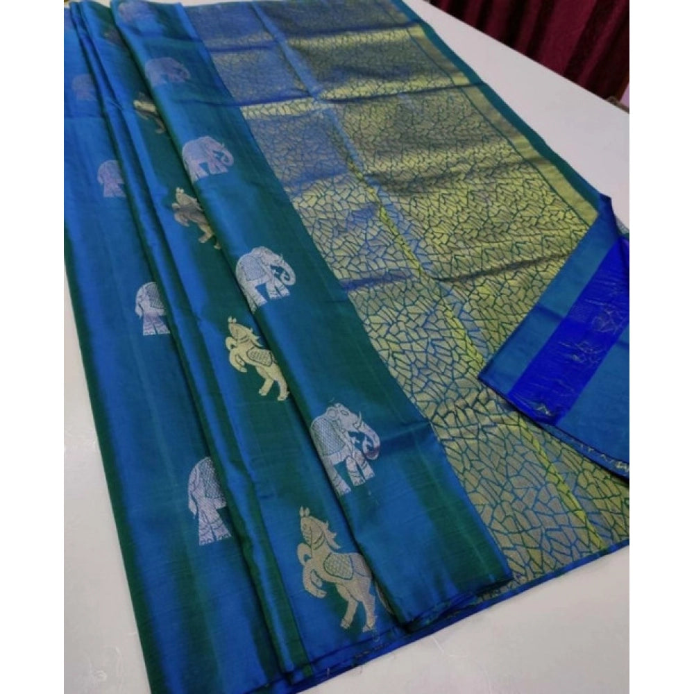 Generic Women's Litchi silk Printed Saree With Unstitched Blouse (Turquise Blue) Main image