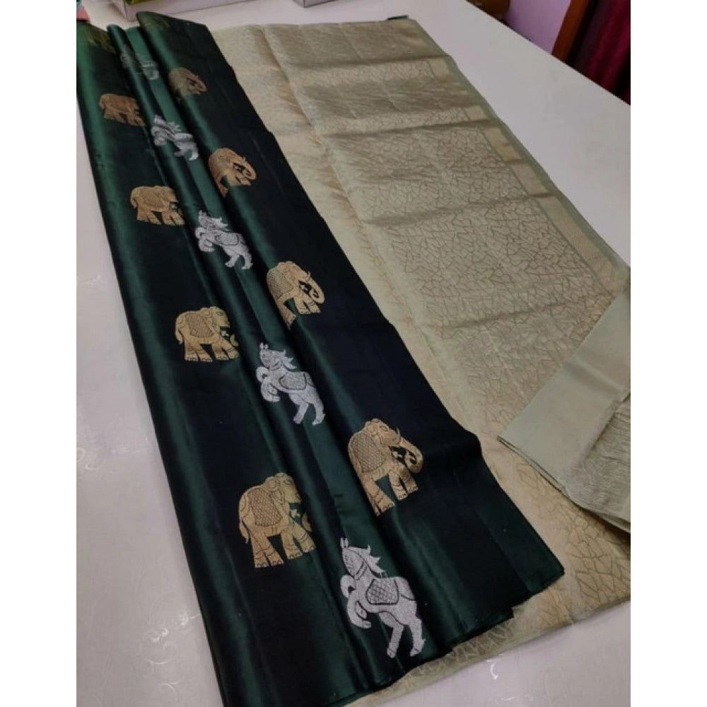 Generic Women's Litchi silk Printed Saree With Unstitched Blouse (Green) Main image