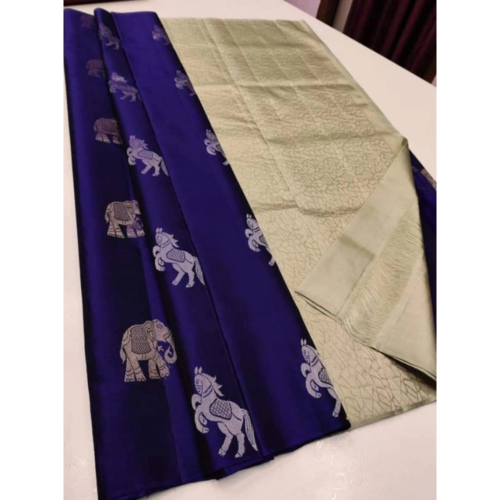 Generic Women's Litchi silk Printed Saree With Unstitched Blouse (Navy Blue With White) Main image