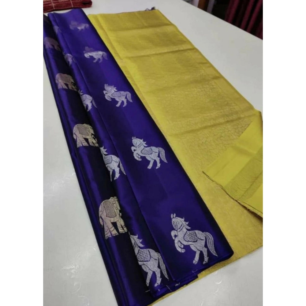 Generic Women's Litchi silk Printed Saree With Unstitched Blouse (Navy Blue With Yellow) Main image