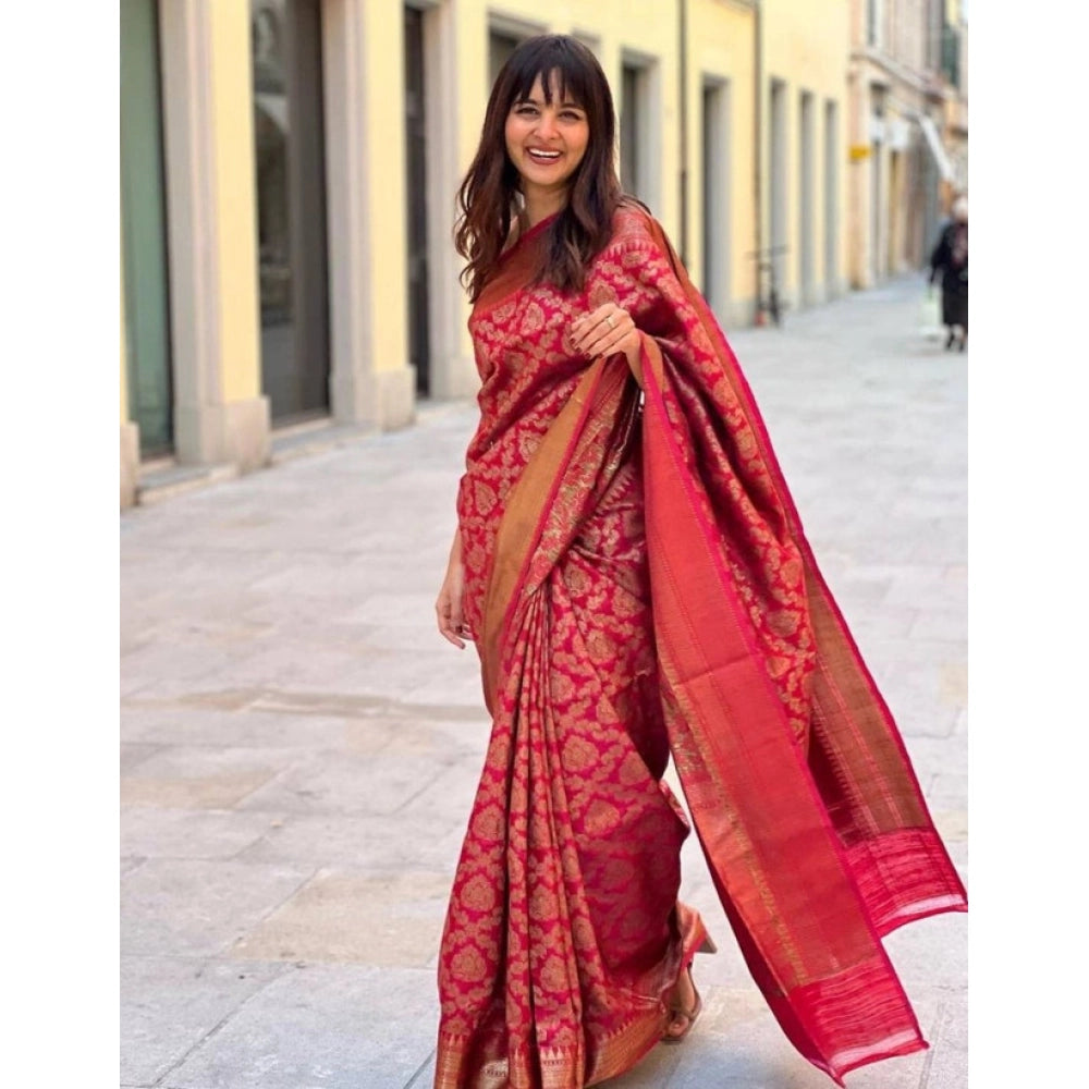 Generic Women's Litchi silk Printed Saree With Unstitched Blouse (Red) Main image