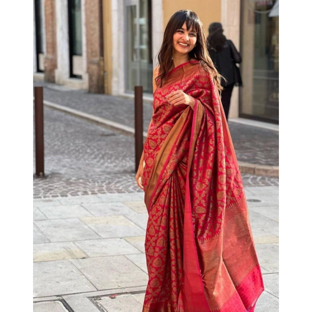 Generic Women's Litchi silk Printed Saree With Unstitched Blouse (Red) Secondary image