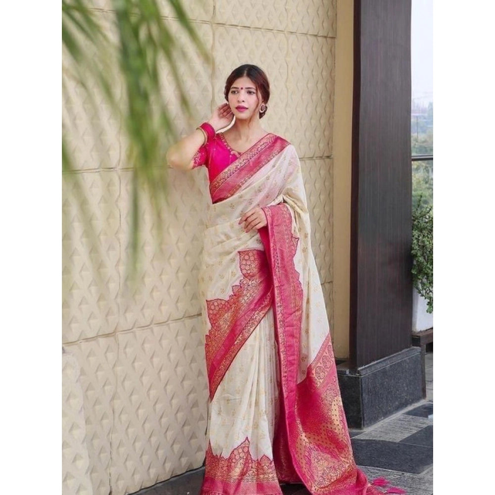 Generic Women's Litchi silk Printed Saree With Unstitched Blouse (Half White) Main image