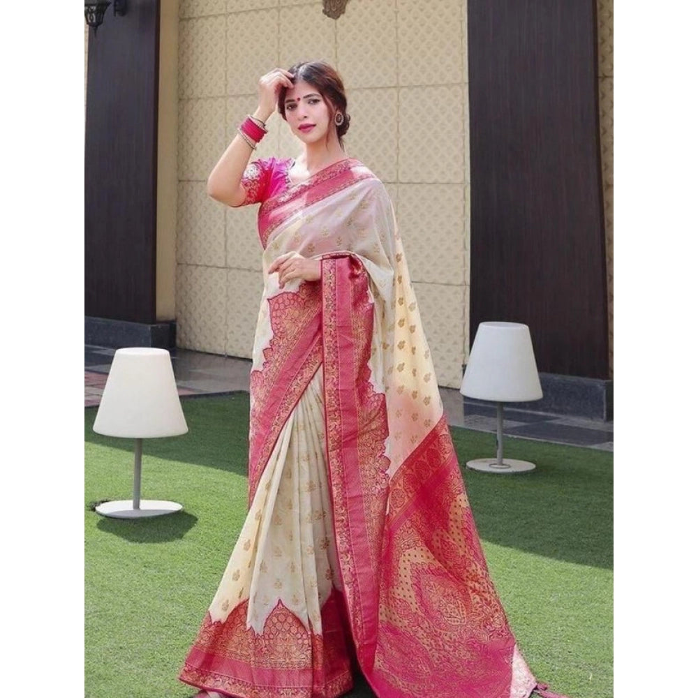 Generic Women's Litchi silk Printed Saree With Unstitched Blouse (Half White) Secondary image