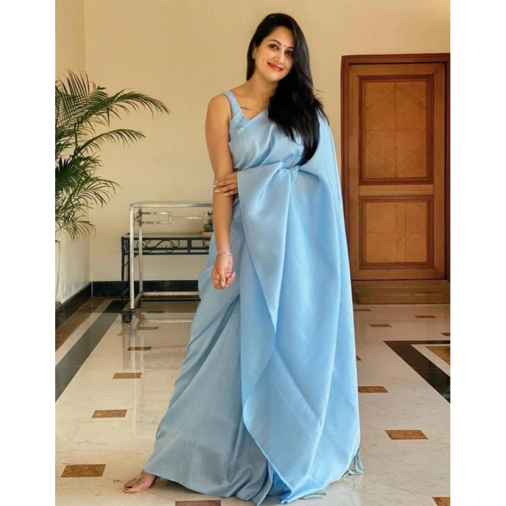 Generic Women's Litchi silk Printed Saree With Unstitched Blouse (Light Blue) Main image