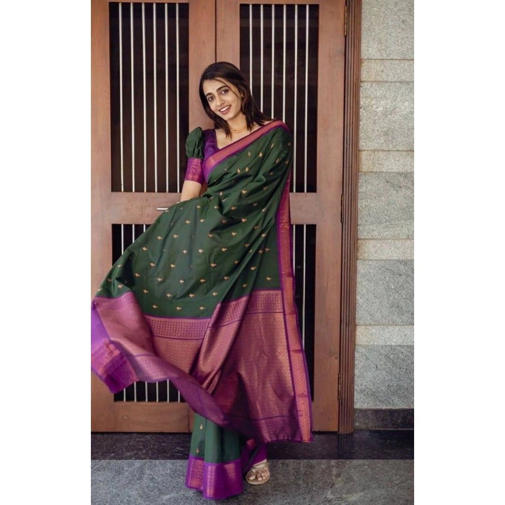 Generic Women's Litchi silk Printed Saree With Unstitched Blouse (Dark Green) Secondary image