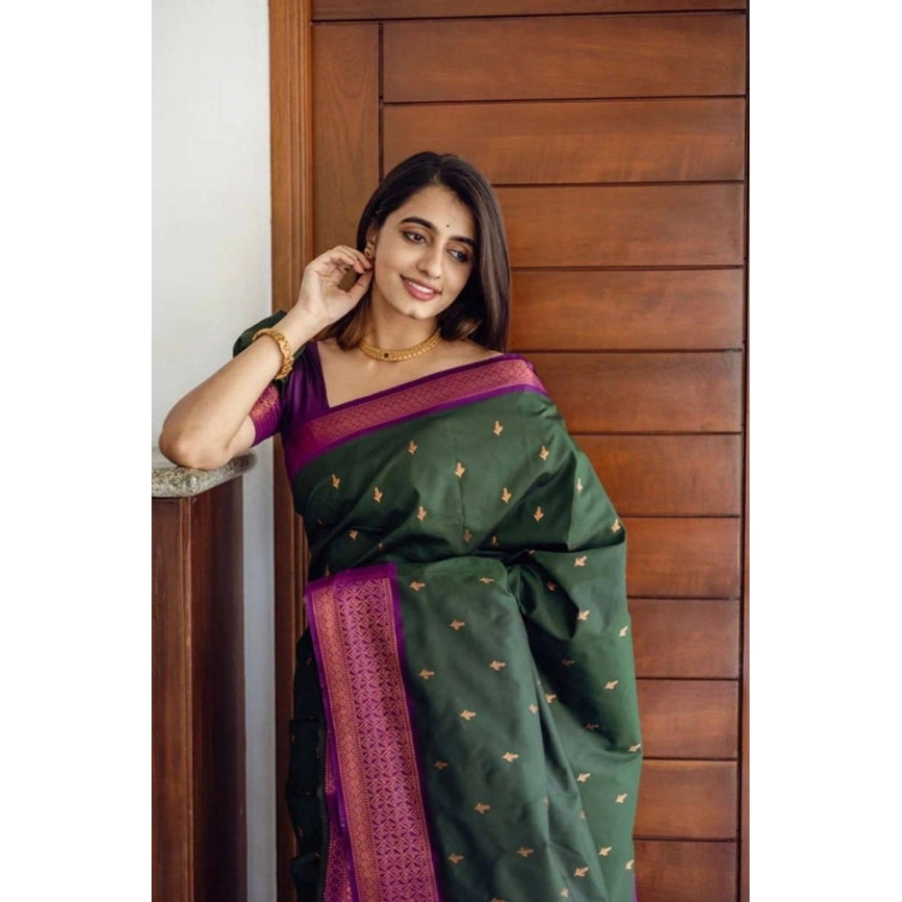 Generic Women's Litchi silk Printed Saree With Unstitched Blouse (Dark Green)