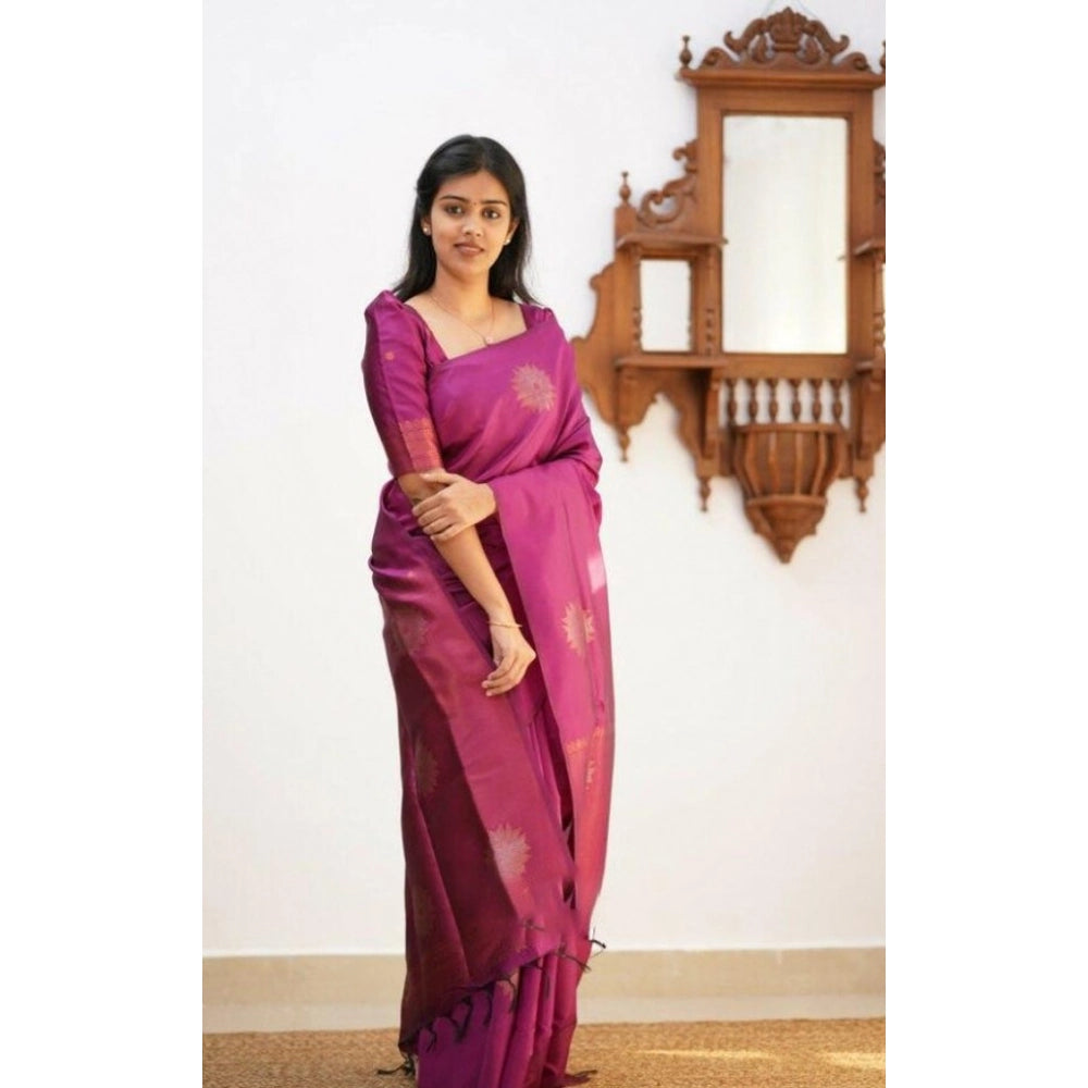 Generic Women's Litchi silk Printed Saree With Unstitched Blouse (Dark Pink) Main image