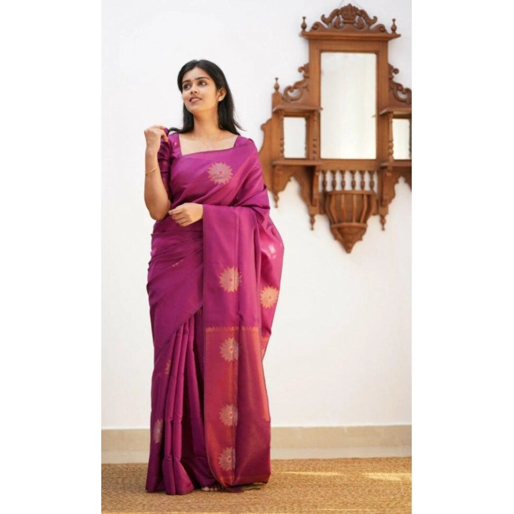 Generic Women's Litchi silk Printed Saree With Unstitched Blouse (Dark Pink) Secondary image