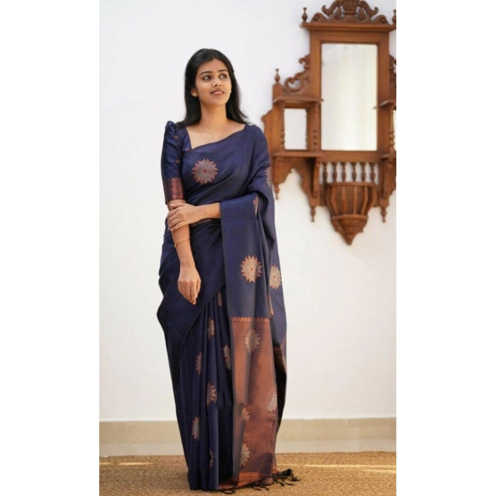 Generic Women's Litchi silk Printed Saree With Unstitched Blouse (Dark Blue) Secondary image