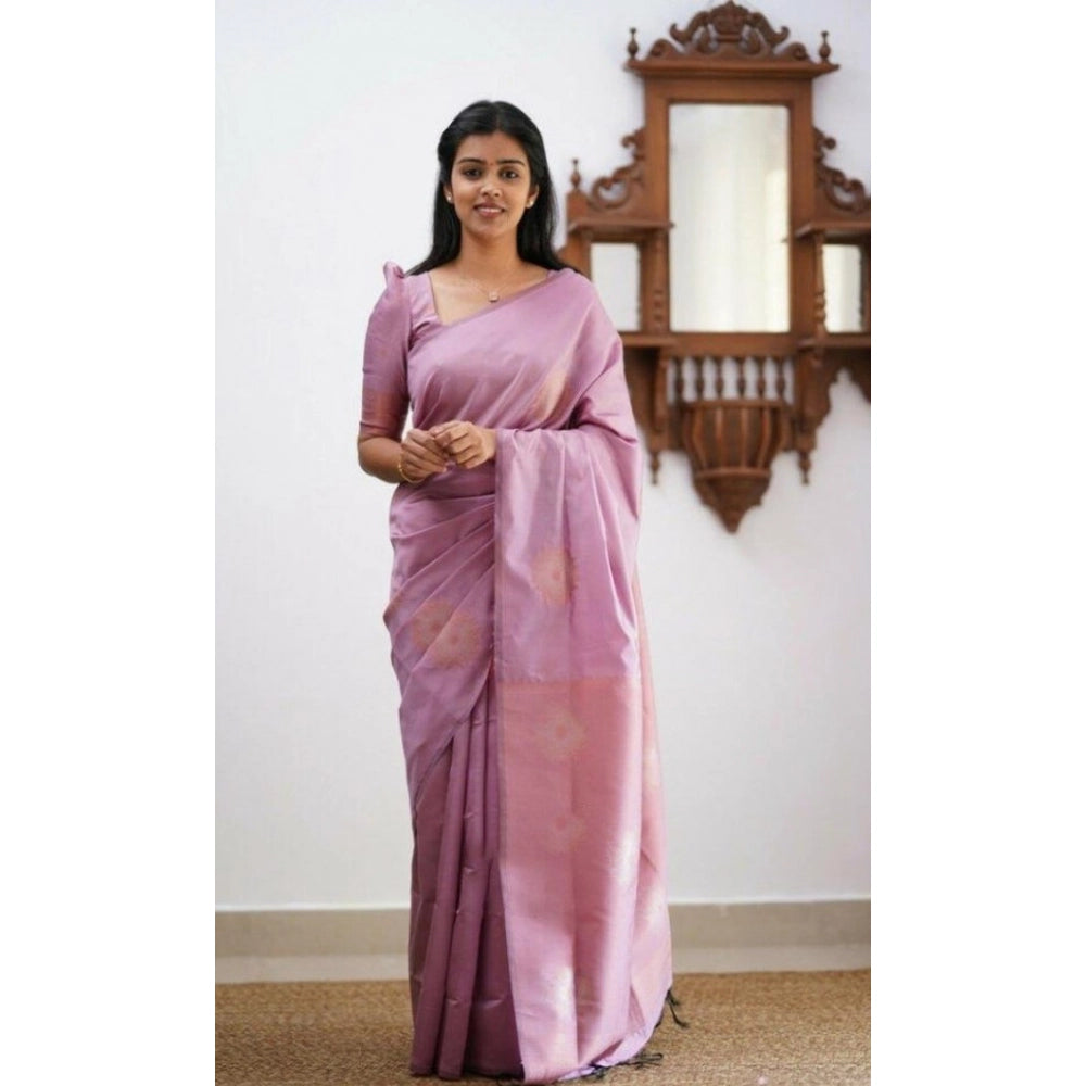 Generic Women's Litchi silk Printed Saree With Unstitched Blouse (Light Pink) Main image