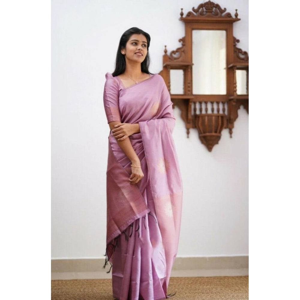 Generic Women's Litchi silk Printed Saree With Unstitched Blouse (Light Pink) Secondary image