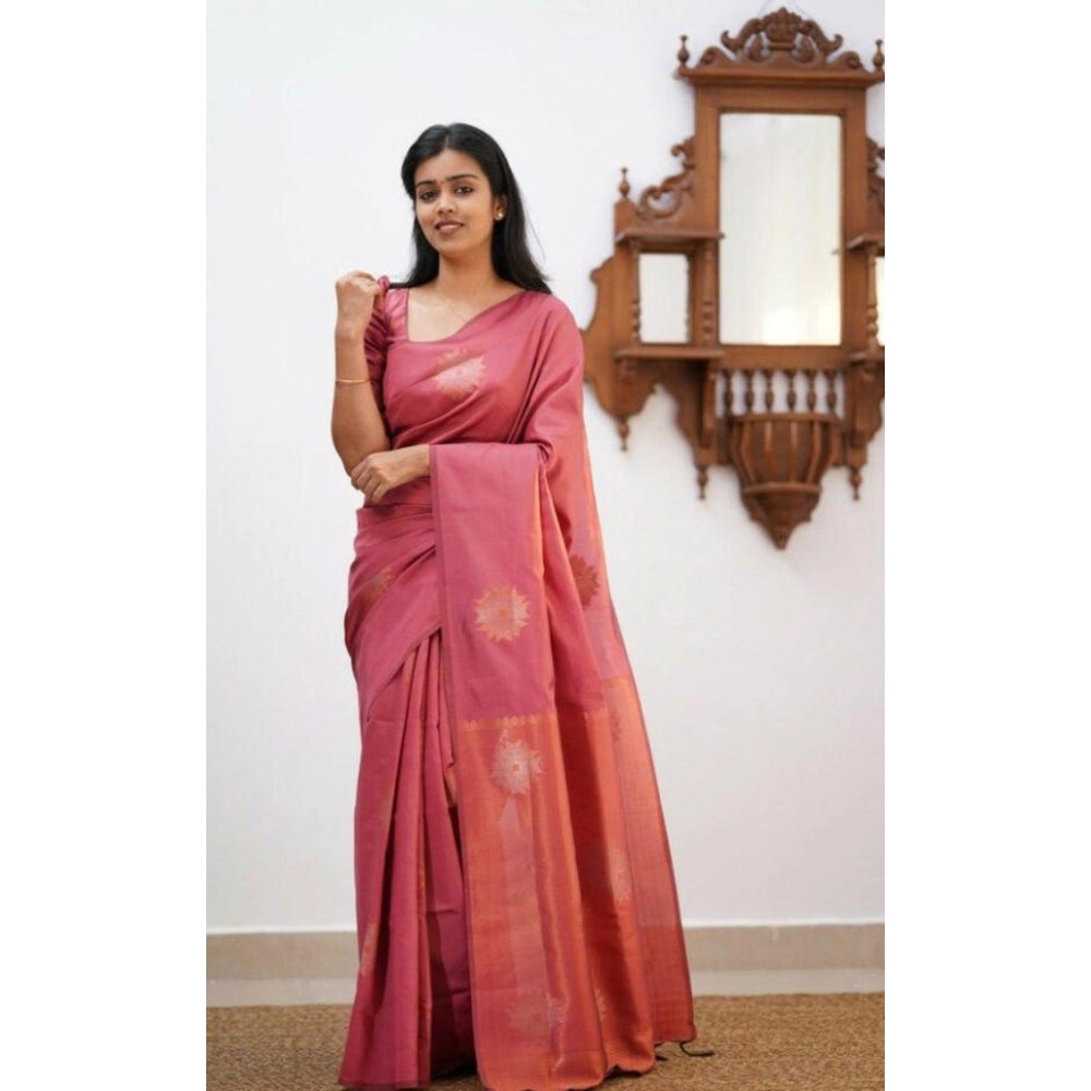 Generic Women's Litchi silk Printed Saree With Unstitched Blouse (Peach) Main image