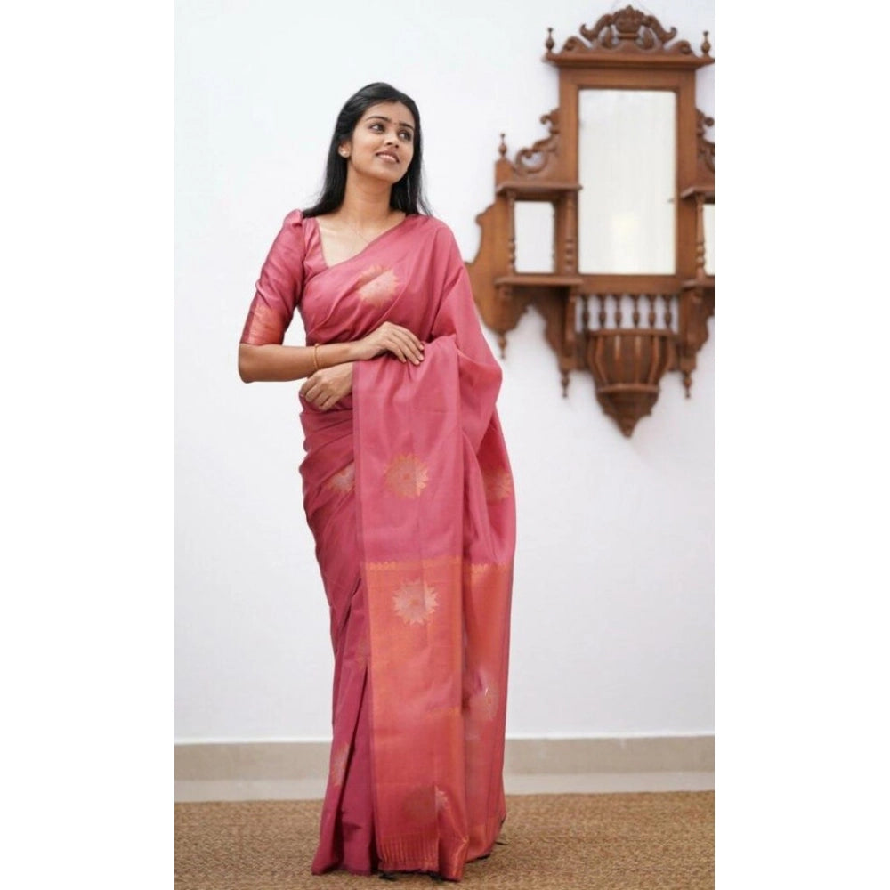 Generic Women's Litchi silk Printed Saree With Unstitched Blouse (Peach) Secondary image