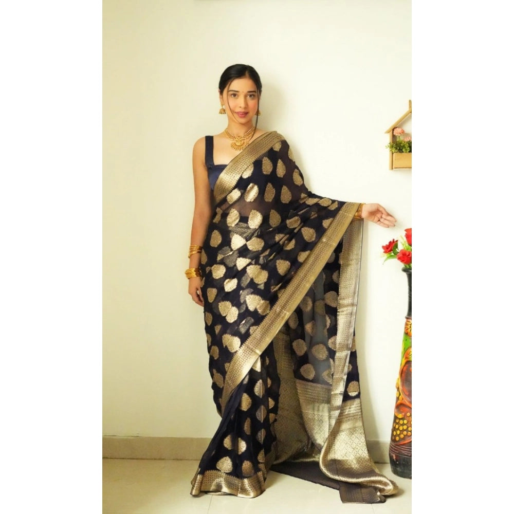 Generic Women's Litchi silk Printed Saree With Unstitched Blouse (Black) Main image