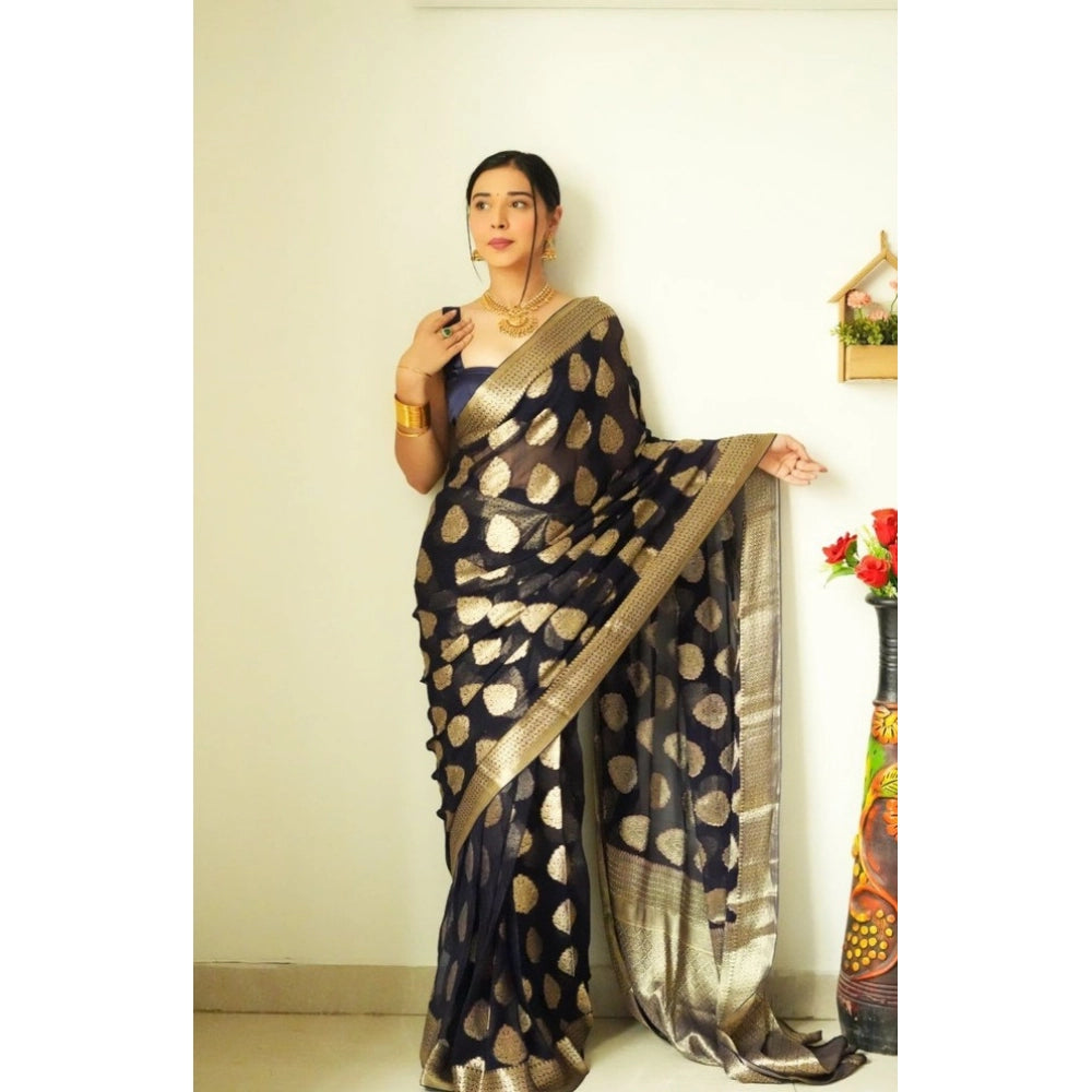 Generic Women's Litchi silk Printed Saree With Unstitched Blouse (Black) Secondary image