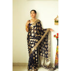 Generic Women's Litchi silk Printed Saree With Unstitched Blouse (Black)