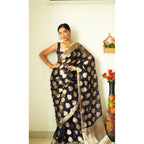 Generic Women's Litchi silk Printed Saree With Unstitched Blouse (Black)
