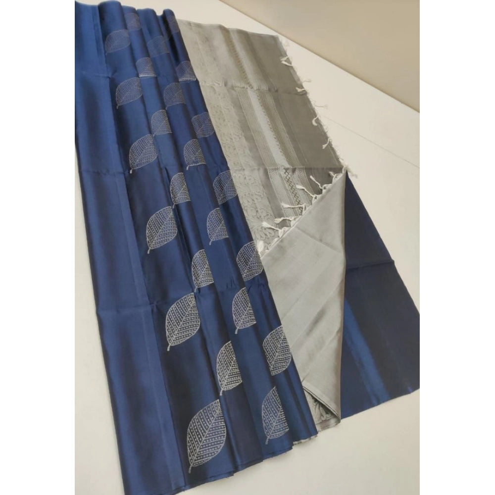 Generic Women's Litchi silk Printed Saree With Unstitched Blouse (Dark Blue) Main image