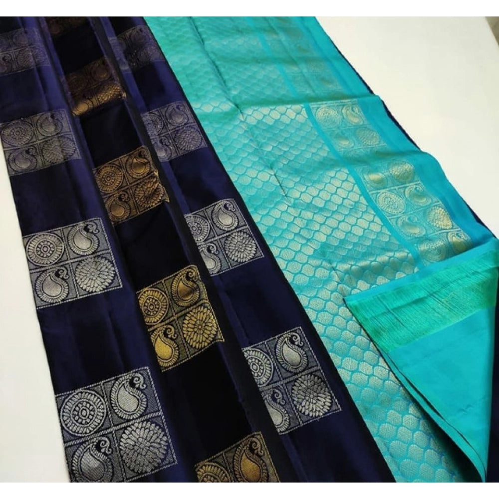 Generic Women's Litchi silk Printed Saree With Unstitched Blouse (Navy Blue With Turquise Blue) Main image