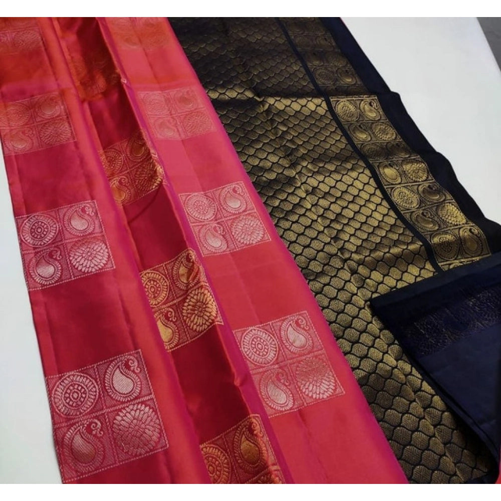 Generic Women's Litchi silk Printed Saree With Unstitched Blouse (Red) Main image