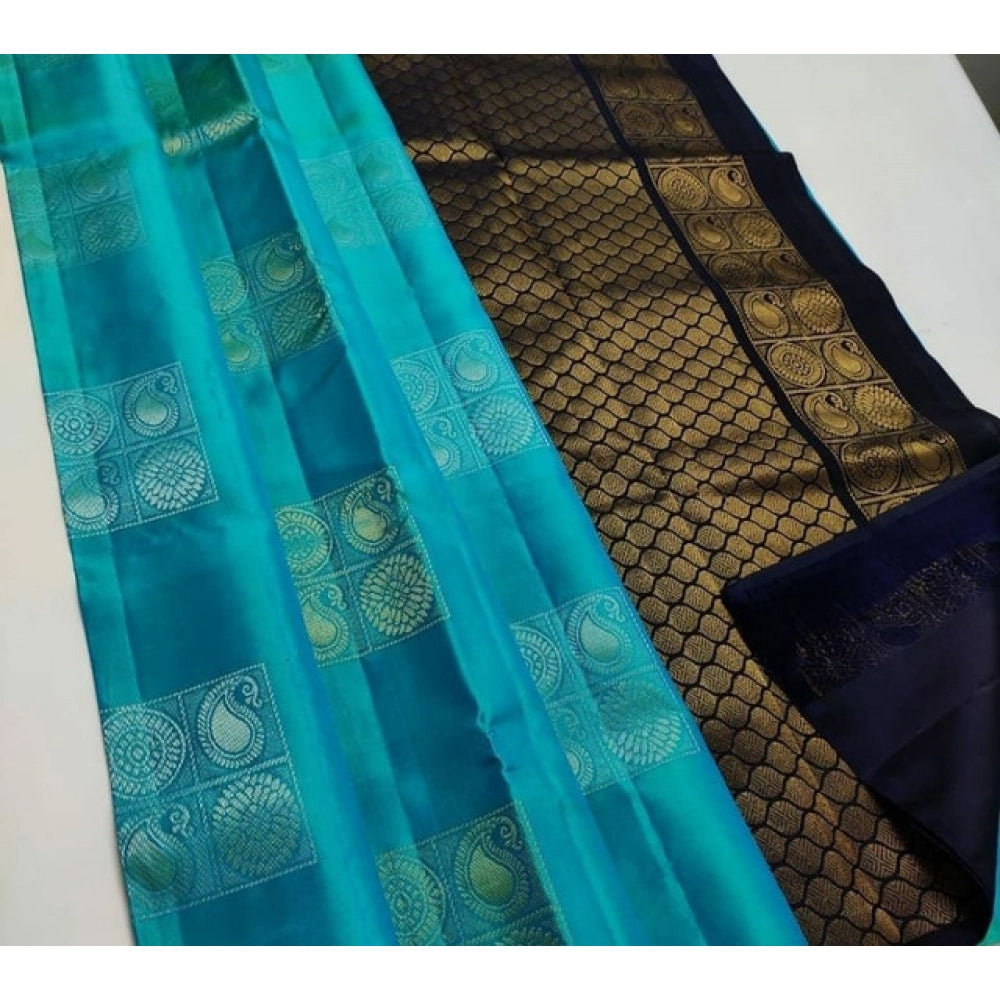 Generic Women's Litchi silk Printed Saree With Unstitched Blouse (Light Blue With Black) Main image