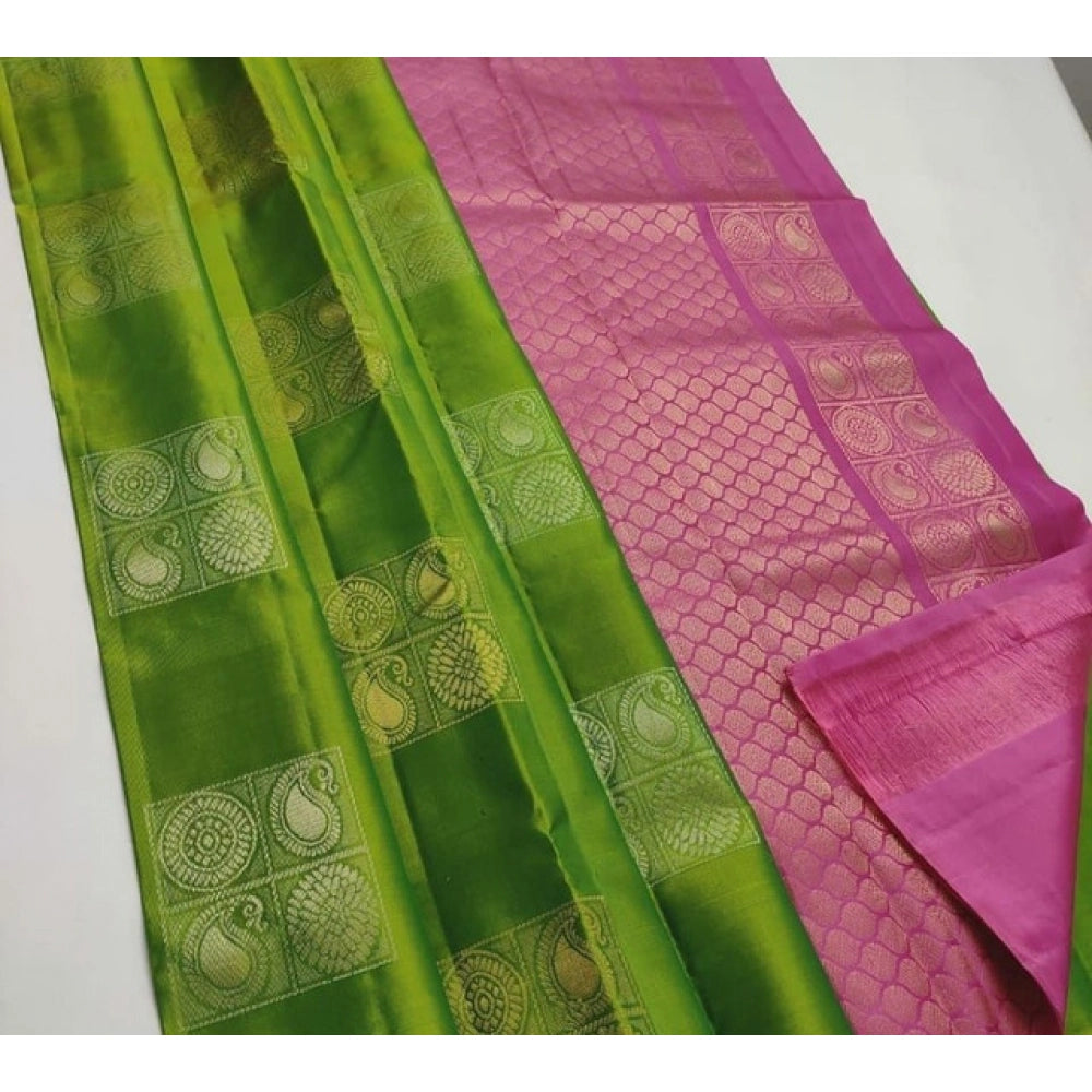 Generic Women's Litchi silk Printed Saree With Unstitched Blouse (Green With Pink) Main image