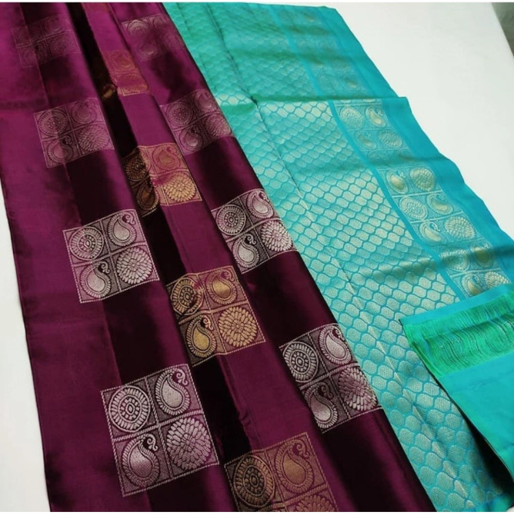 Generic Women's Litchi silk Printed Saree With Unstitched Blouse (Maroon With Turquise Green) Main image