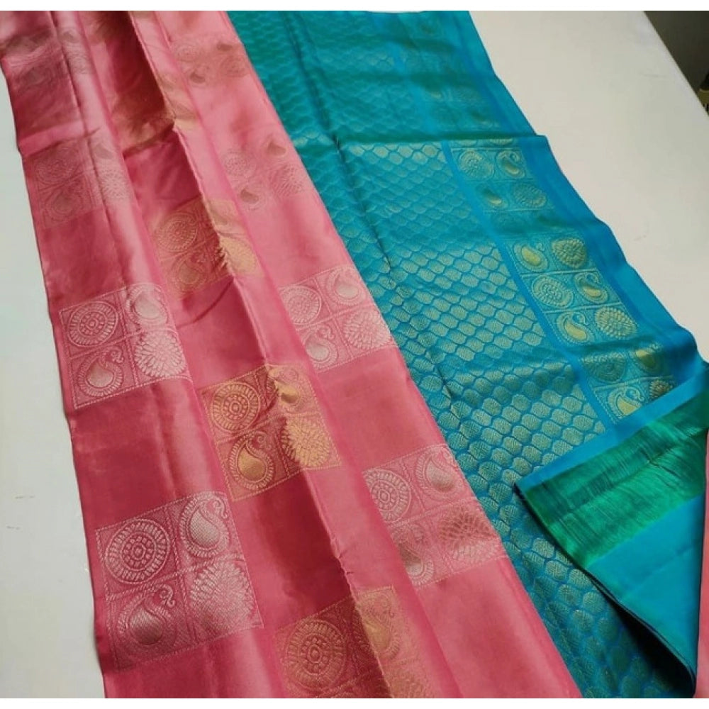 Generic Women's Litchi silk Printed Saree With Unstitched Blouse (Peach With Turquise Green) Main image