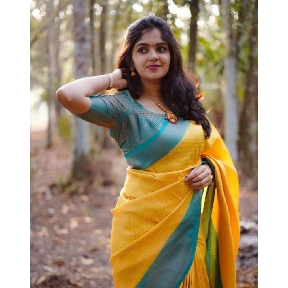 Generic Women's Litchi silk Printed Saree With Unstitched Blouse (Yellow) Main image