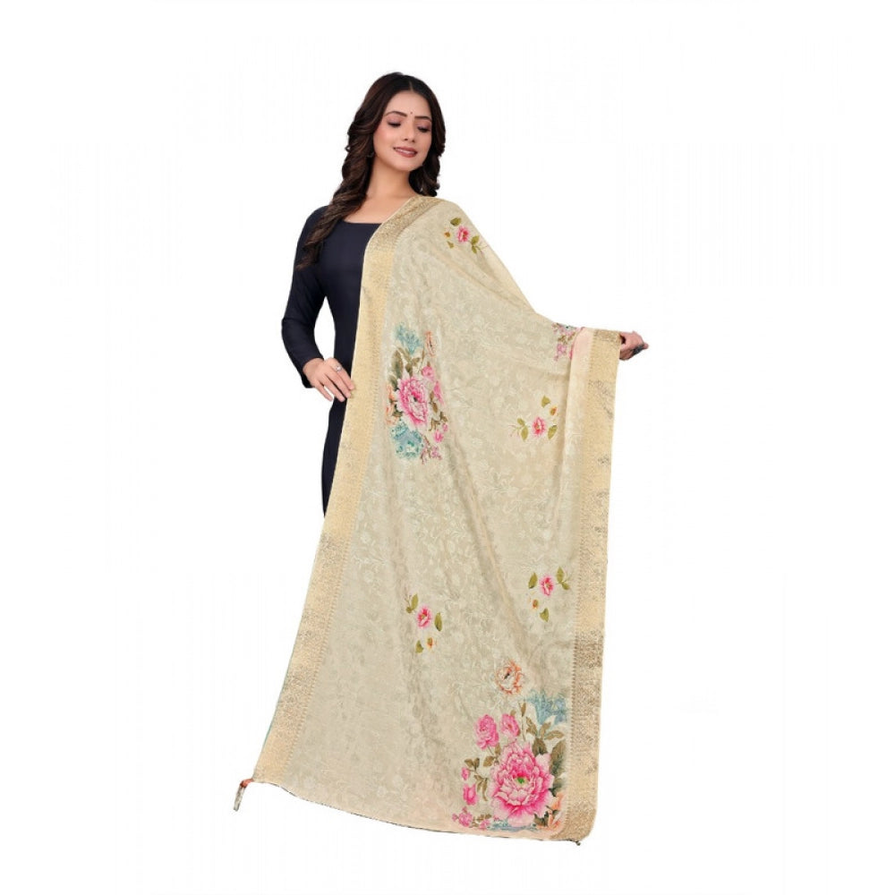 Generic Women's chanderi silk  Printed Dupatta (Beige, Length: 2 Mtr) Main image